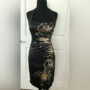 Y2k Cache Black Dress with Gold Floral Design In A Flirty Fitted Style